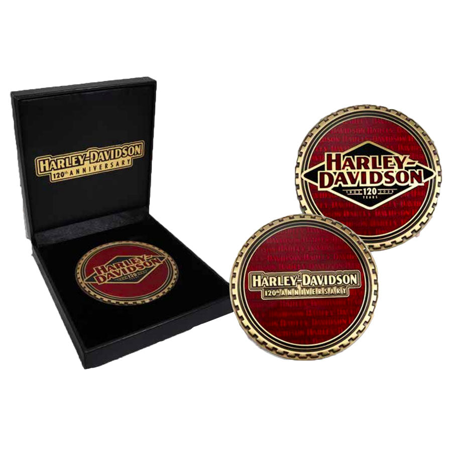 Harley-Davidson H-D 120th Anniversary Medallion Coin W/ leatherette Box, Red/Black, 8015350