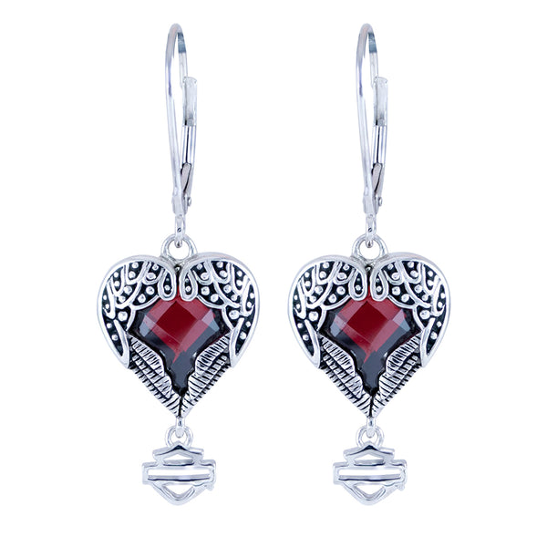 Women's  Winged Heart w/ Red Crystal Dangle Bar & Shield Earrings HDE0411