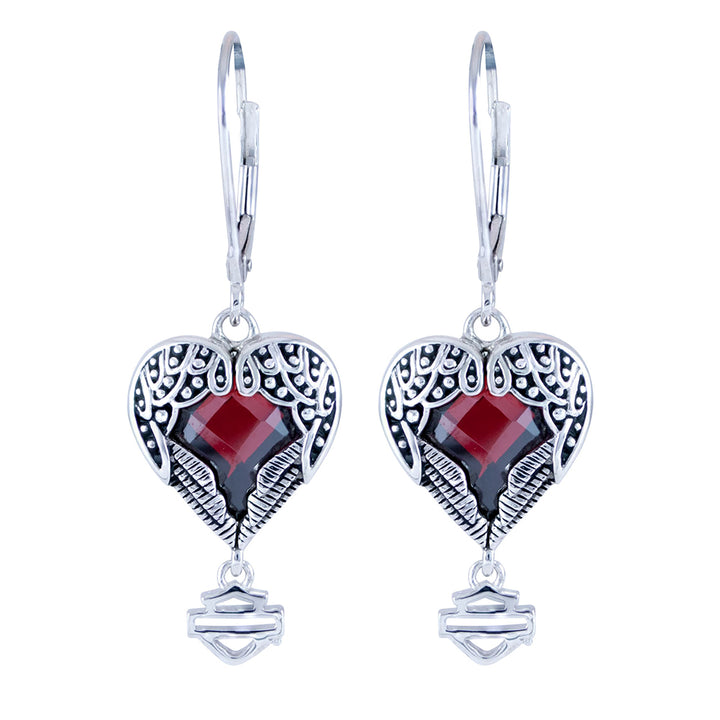 Women's  Winged Heart w/ Red Crystal Dangle Bar & Shield Earrings HDE0411