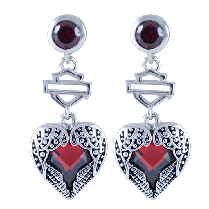 Women's Silver Winged Heart with Red Crystal B&S Post Earrings HDE0412