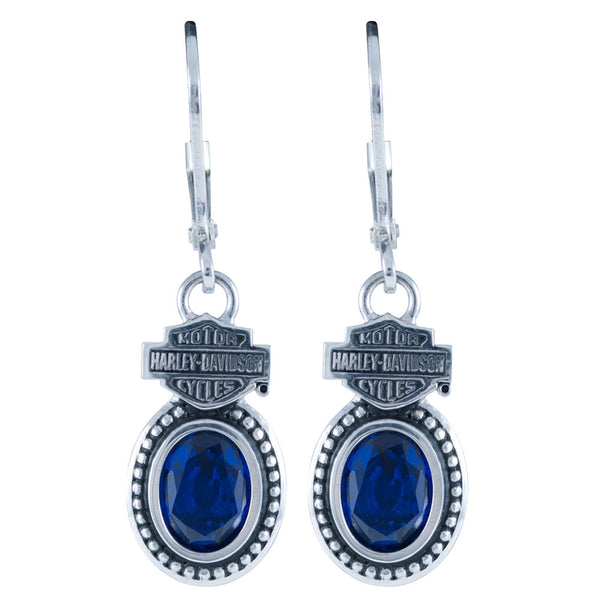 Women's Silver Synthetic Blue Oval Sapphire Drop Earrings HDE0414
