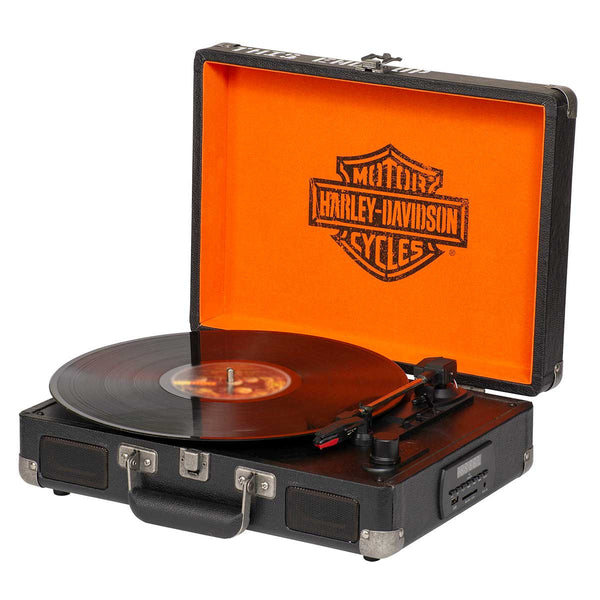 Harley-Davidson Vintage Suitcase B&S Portable Record Player, Orange/Black HDL-17106