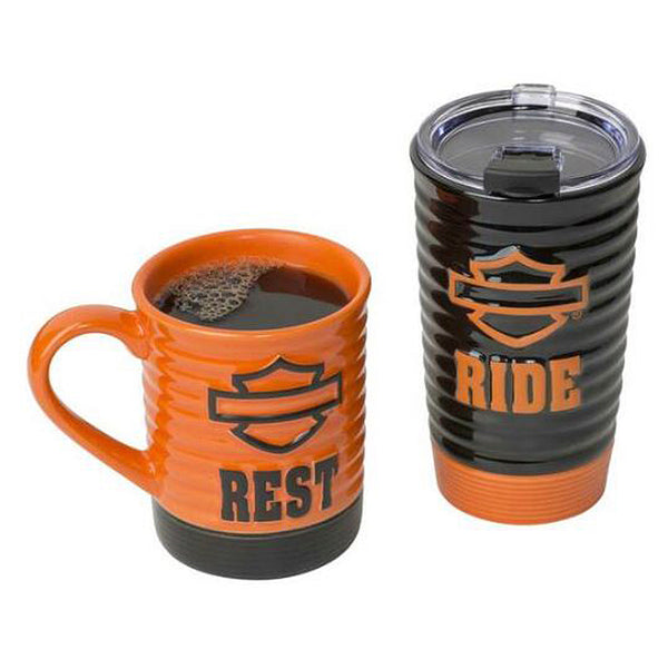 Harley-Davidson Ride & Rest Ceramic Travel Coffee Mug Set, Black/Orange HDL-18611