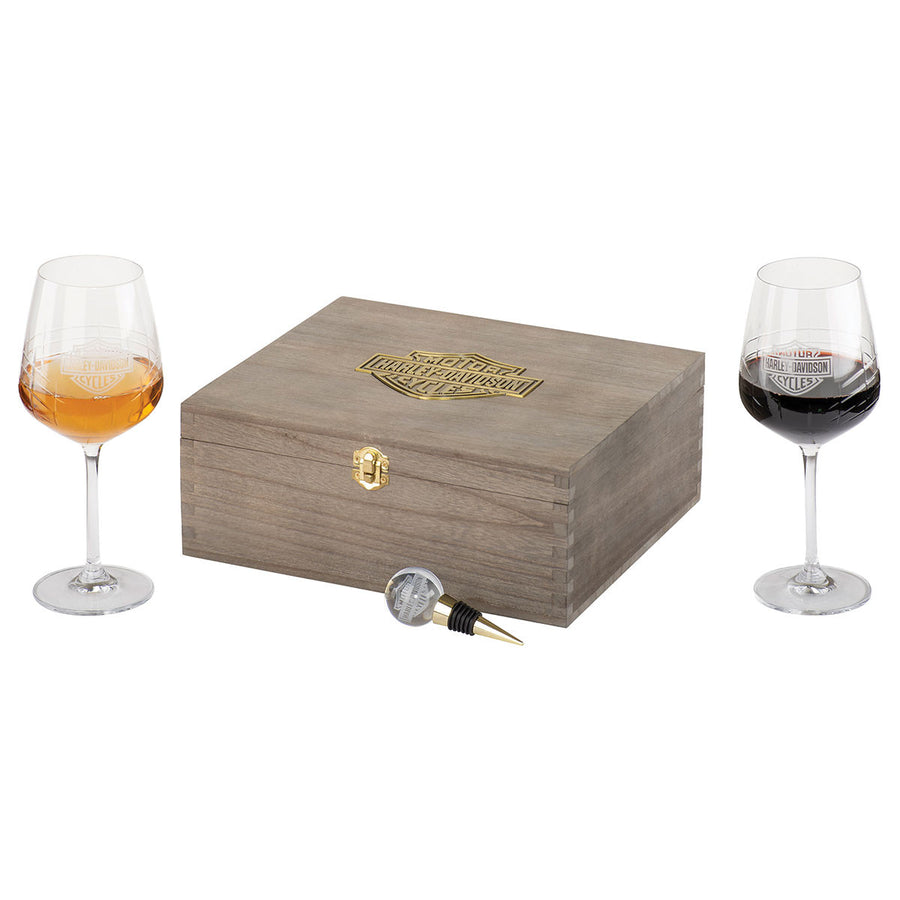 Harley-Davidson Premium Wine Glass W/ Wooden Box Gift Set, HDL-18813