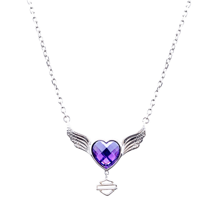Womens Silver Purple Wing Heart with Dangling B&S Charm Necklace HDN0330