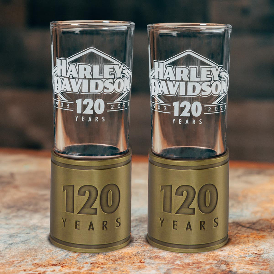 Harley-Davidson 120th Anniversary H-D 2 oz Etched Metal Shooter Shot Glass Set, HDX-98737