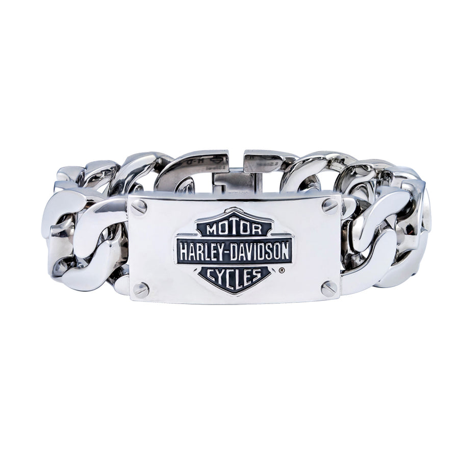 Men's Bar & Shield Logo Curb Link ID Steel Bracelet HSB0143