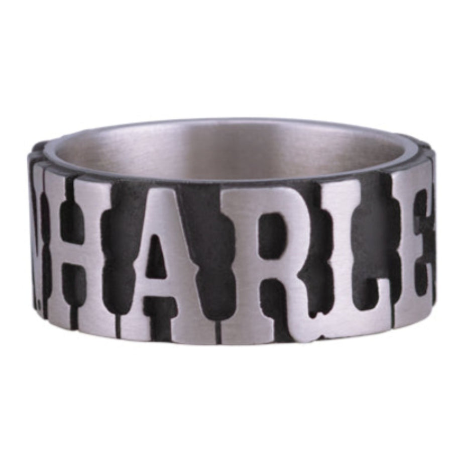 Harley-Davidson Men's Western H-D Name Band Stainless Steel Ring, Black/Silver HSR0074
