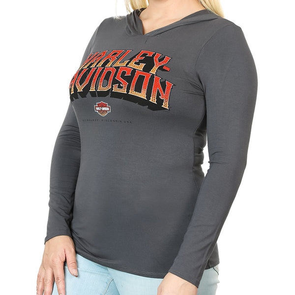Harley-Davidson Women's Embellished Script Long Sleeve Hooded Shirt HT4664GRY