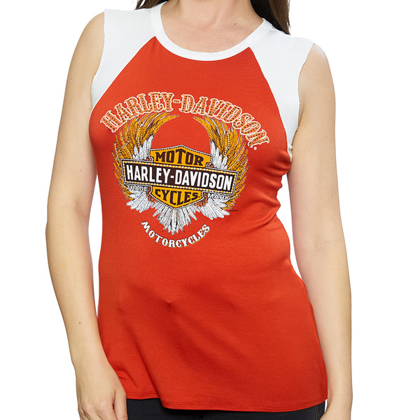 Harley-Davidson Women's RIP Roar Sleeveless Scoop Neck Raglan Tank Top, Orange HT4756