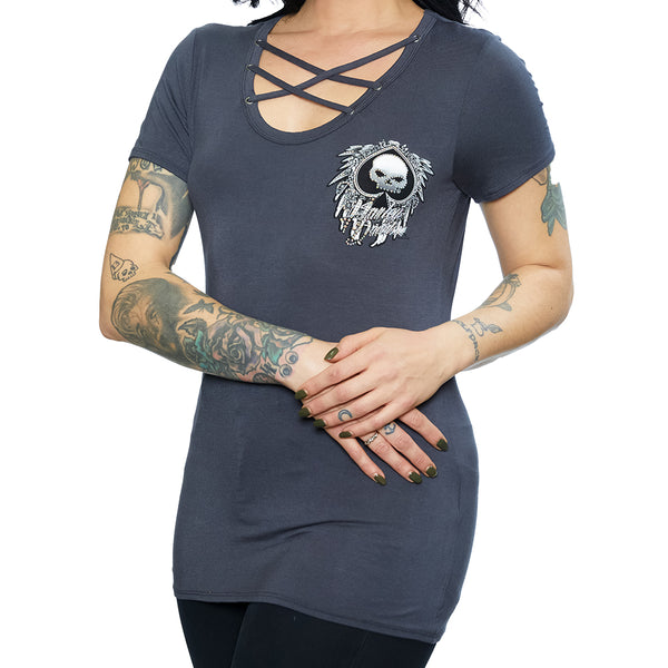 Harley-Davidson Women's Spades Wild Skull Short Sleeve Shirt, Gray HT4766DGY