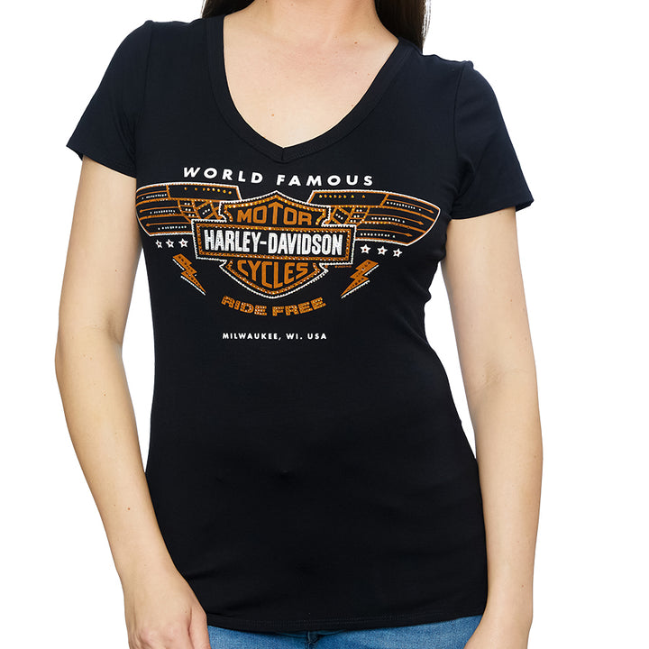 Harley-Davidson Women's Embellished World Famous V-Neck Short Sleeve Shirt HT4786BLK
