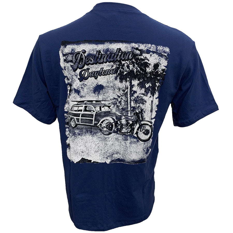 Destination Daytona Men's Retro Beach Short Sleeve Shirt, Navy Blue D6040B