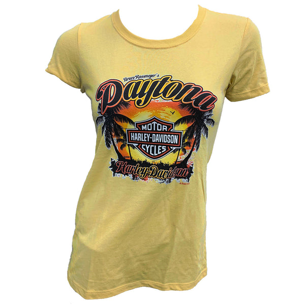 Harley-Davidson Daytona's Iconic Palm Sunset Ladies Yellow Shirt