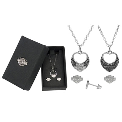 Harley-Davidson Women's Winged Heart Necklace & Earrings Gift Set, Silver HDS0004