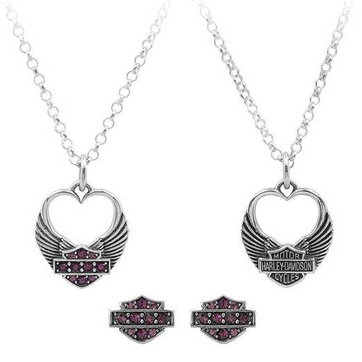 Womens Winged Heart Necklace & Earrings Gift Set Purple HDS0003