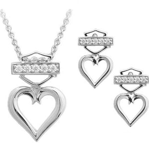 Harley-Davidson Women's Bling Heart Necklace & Post Earrings Gift Set Silver HDS0008