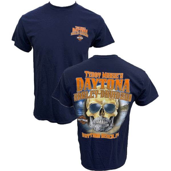 Teddy Morse's Daytona Harley-Davidson Exclusive Bearded Skull Short Sleeve Shirt, Navy Blue