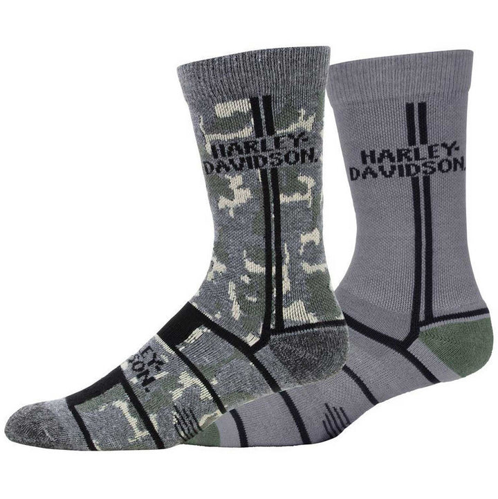 Harley-Davidson Men's 2-Pack Performance Camo & Striped Riding Crew Socks, Gray