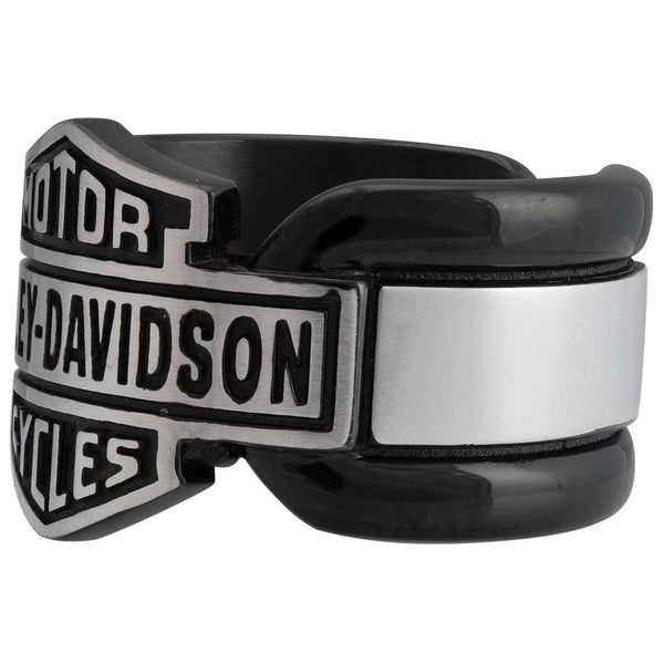 Harley-Davidson Men's Vintage Bar & Shield Striped Ring, Black Stainless Steel, HSR0101
