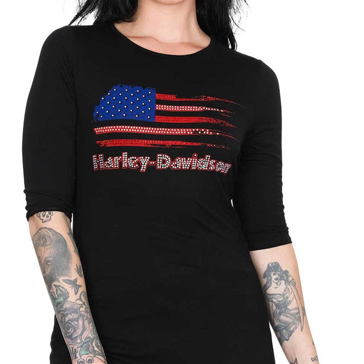 Harley-Davidson Women's Embellished Flag 3/4 Sleeve Round Neck Top, Black HT4708