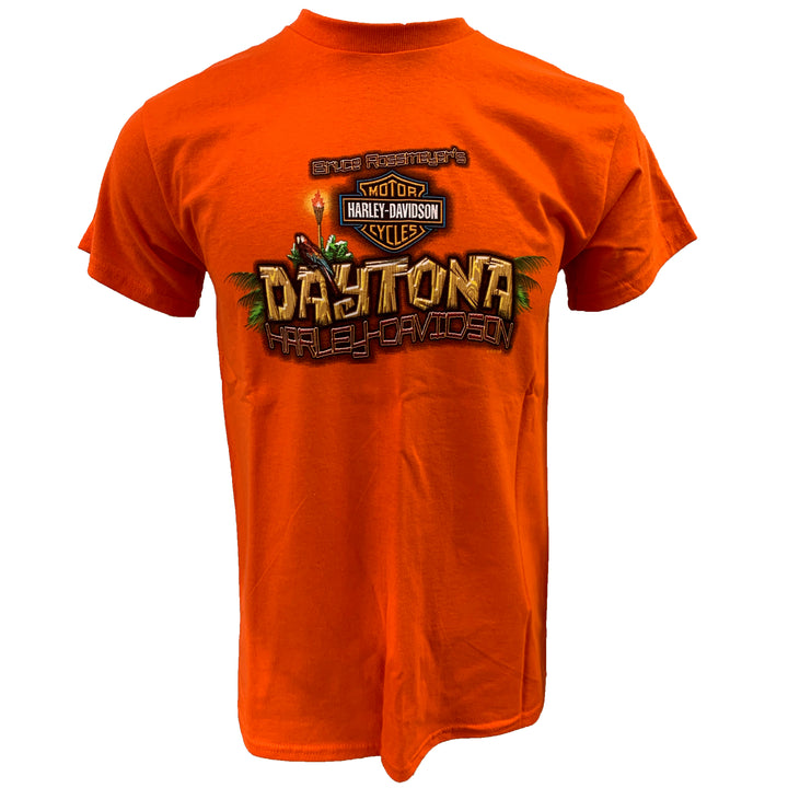 Bruce Rossmeyer's Daytona Harley-Davidson Exclusive Men's Tiki Hut Short Sleeve Shirt, Orange
