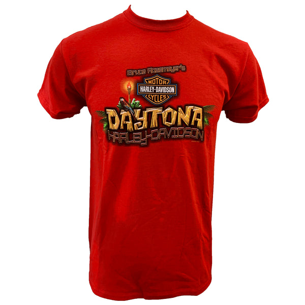 Bruce Rossmeyer's Daytona Harley-Davidson Exclusive Men's Tiki Hut Short Sleeve Shirt, Red