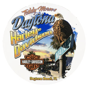 A round decal featuring an eagle perched on a street sign with the text 'DAYTONA HARLEY-DAVIDSON' and the logo 'Harley-Davidson Motorcycles' beneath it.