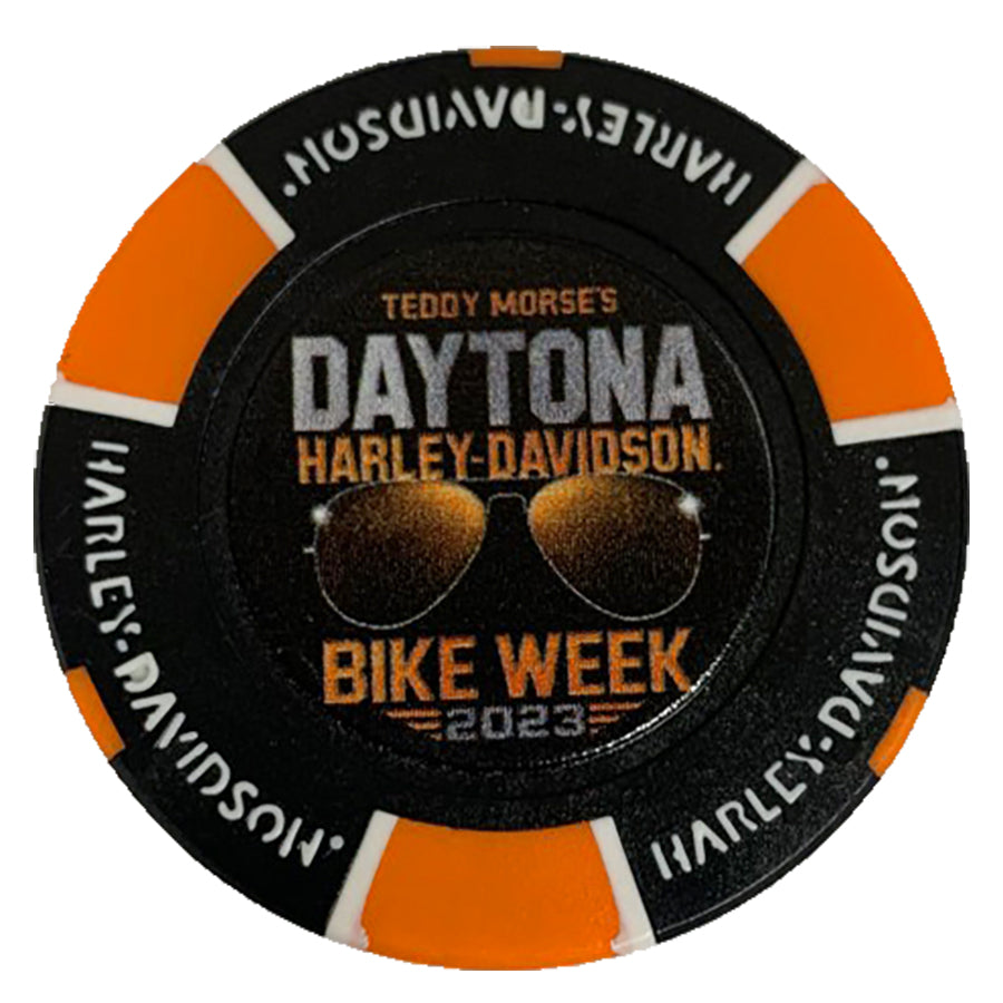 Teddy Morse's Daytona Harley-Davidson Daytona Bike Week 2023 Aviator Poker Chip, Black/Orange
