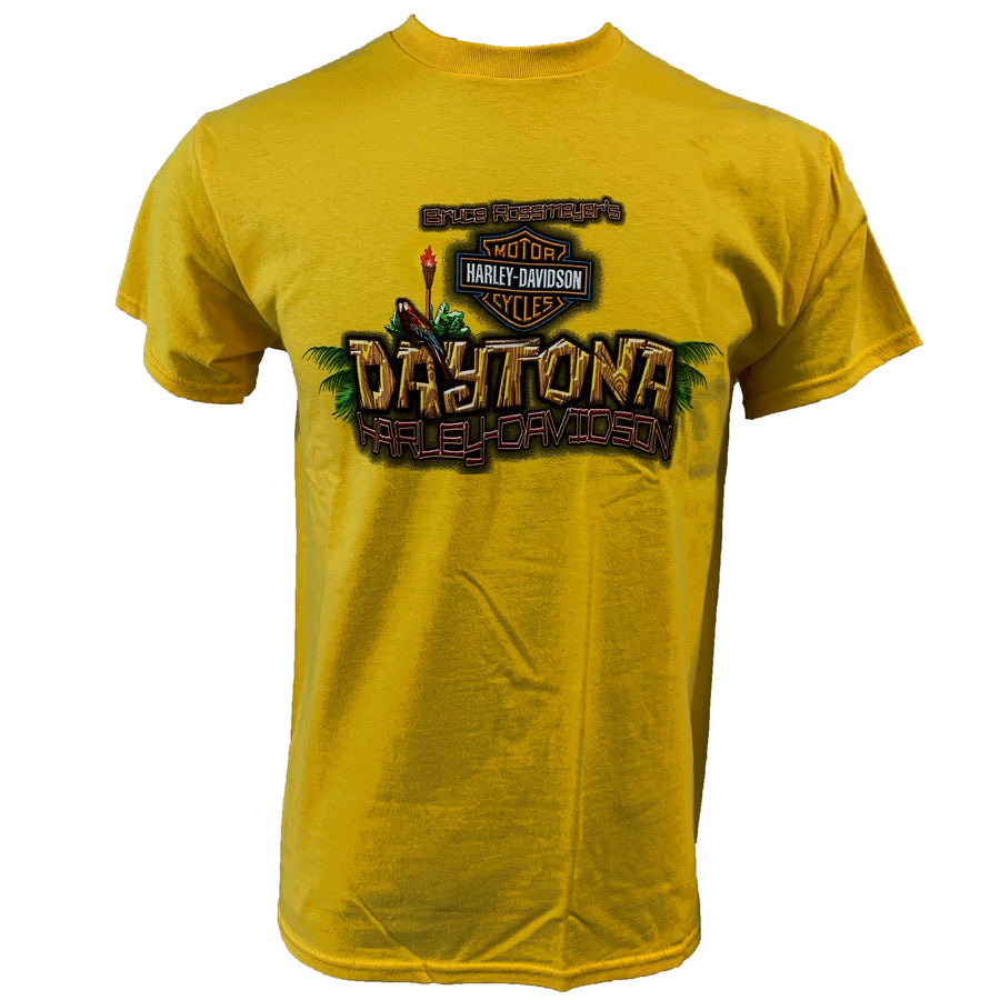 Bruce Rossmeyer's Daytona Harley-Davidson Exclusive Men's Tiki Hut Short Sleeve Shirt, Yellow